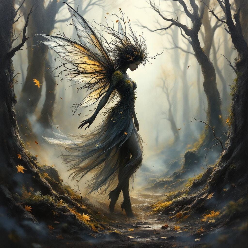 Ethereal Fairy Dance in Charred Forest: Airbrush Art