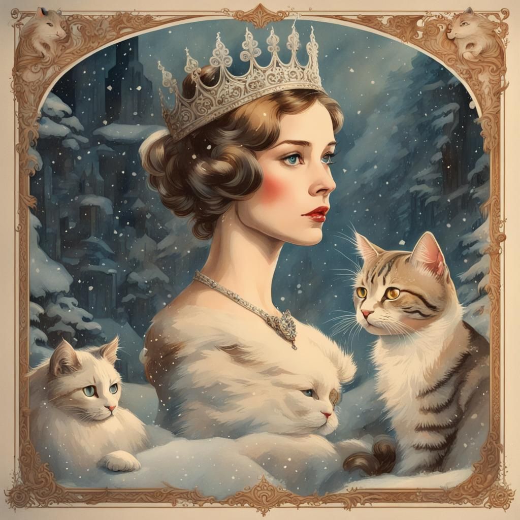 Vintage Winter Princess Poster with Cats