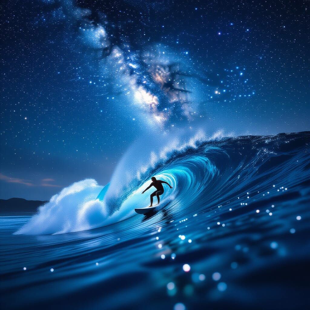 Surfer Rides Starry Wave in Cosmic Night Sky