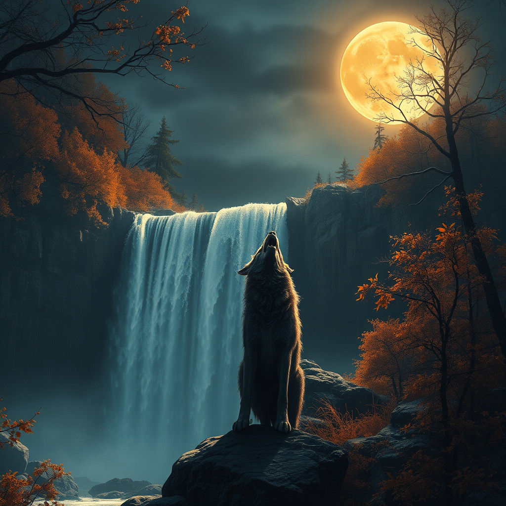 Werewolf Howling at Moonlit Waterfall: Digital Matte Paintin...