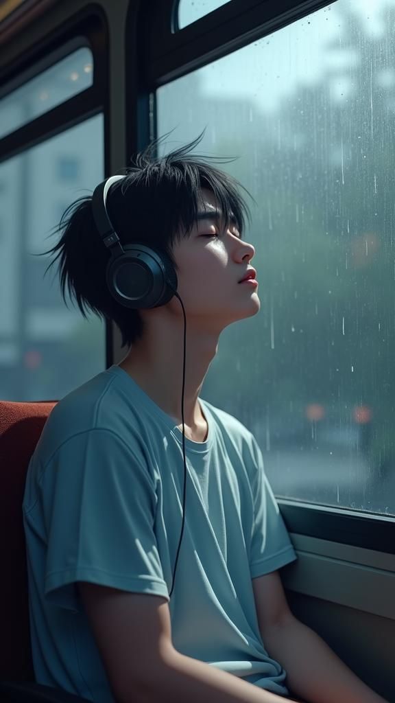 Man Listening to Music on Rainy Bus in Anime Style