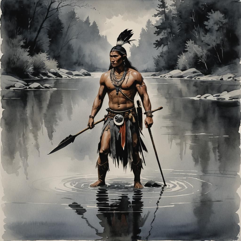 Native American Warrior with Spear in Watercolour