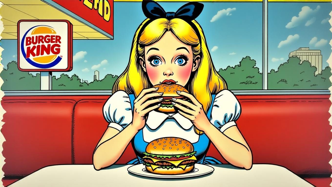 Alice In Wonderland eating at a Burger King.