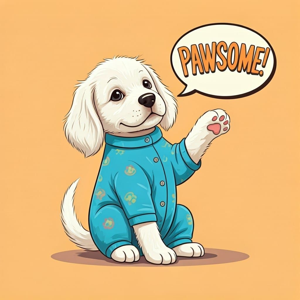 Cute Puppy Begs with a Paw in Whimsical Comic Style