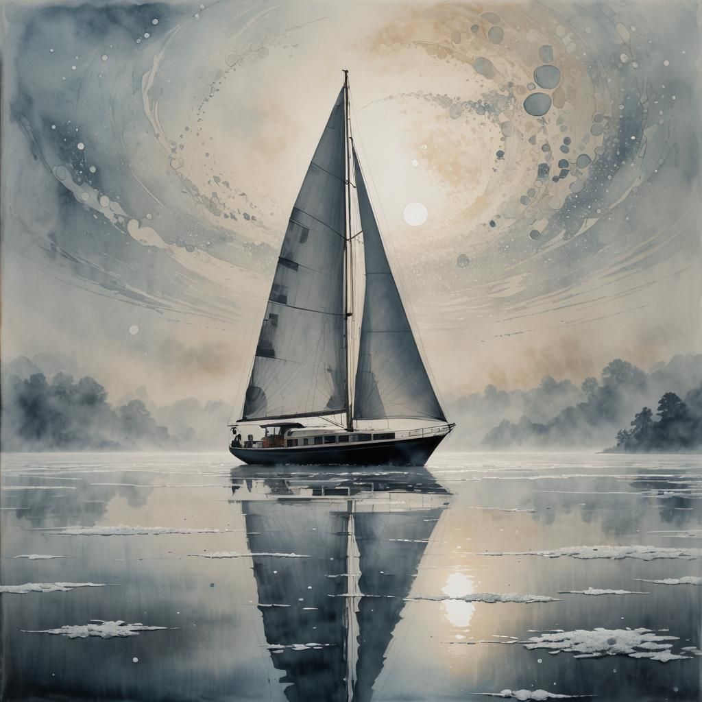 Yin Yang Yacht Drifting on an Icy Lake