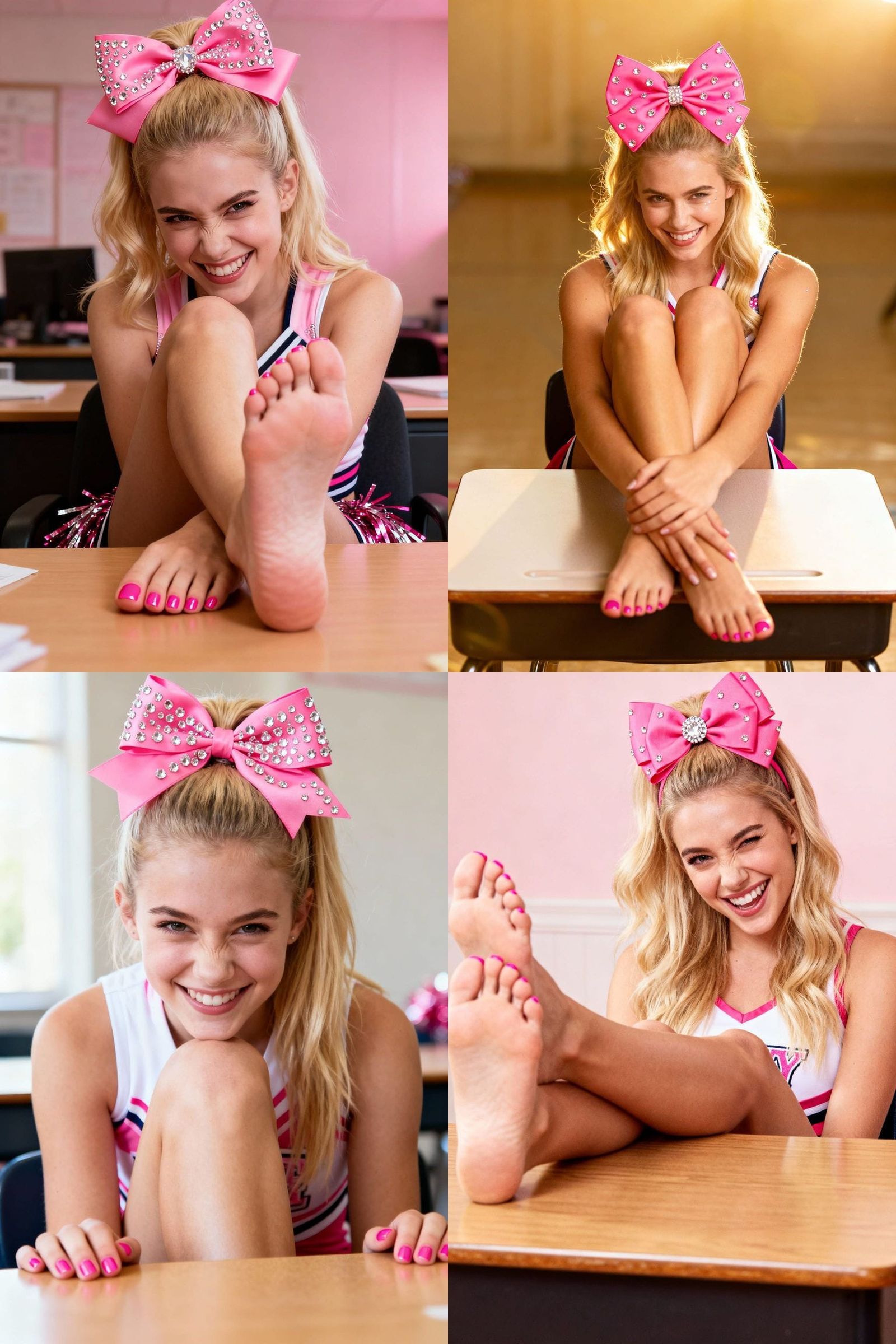 Blonde Cheerleader at Desk with Rhinestone Bow