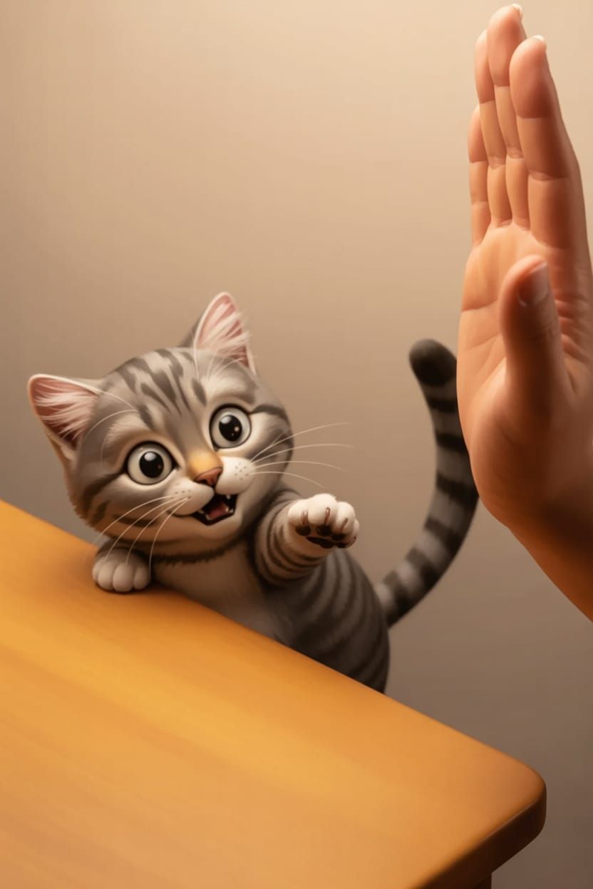 Gray Tabby Cat High Fives Human Hand Vector Style