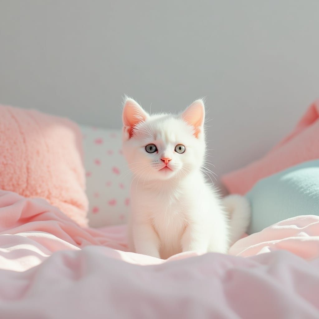 A Kitten in a Whimsical Pastel-Colored Bedroom Scene