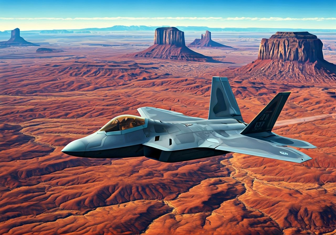 F-22 Raptor Soaring Over Mesa in Airbrushed Style