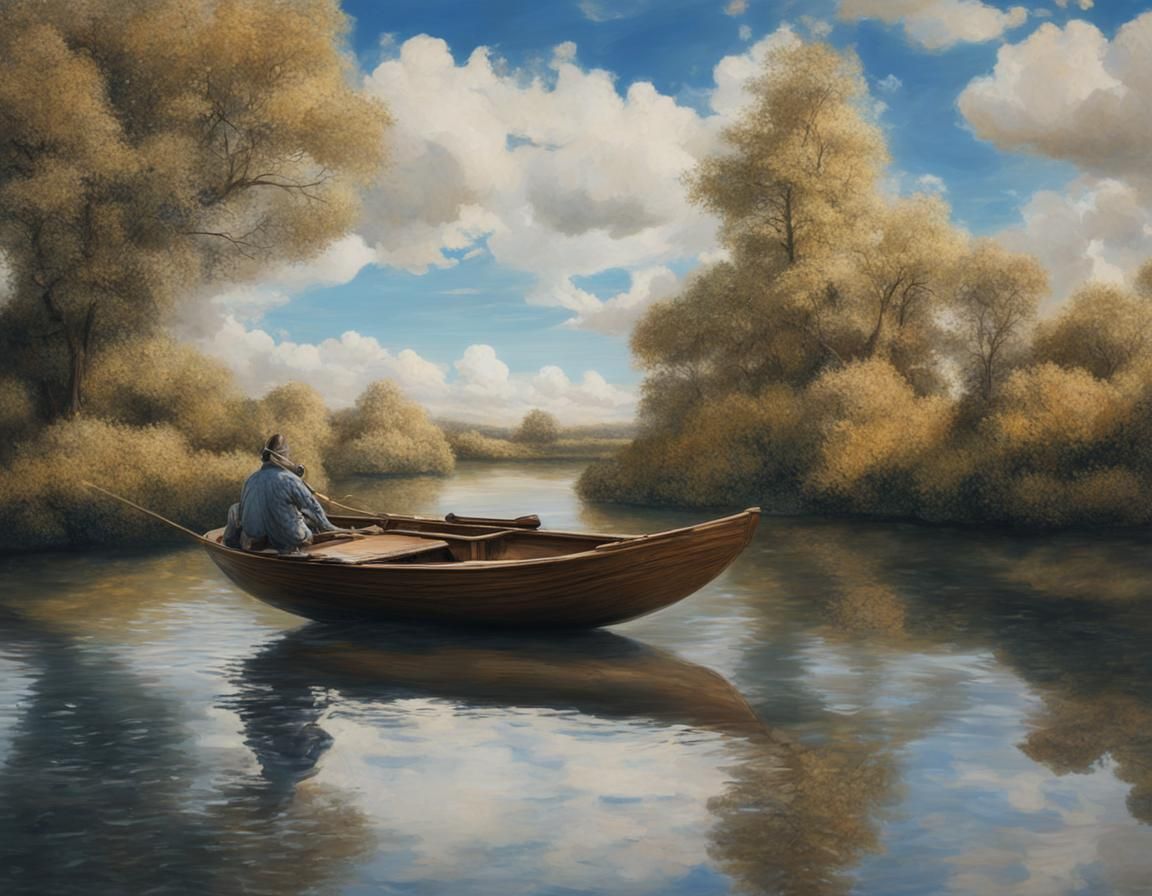 Wooden Boat Rows Upstream: Hyperdetailed Cyberpunk Surrealis...