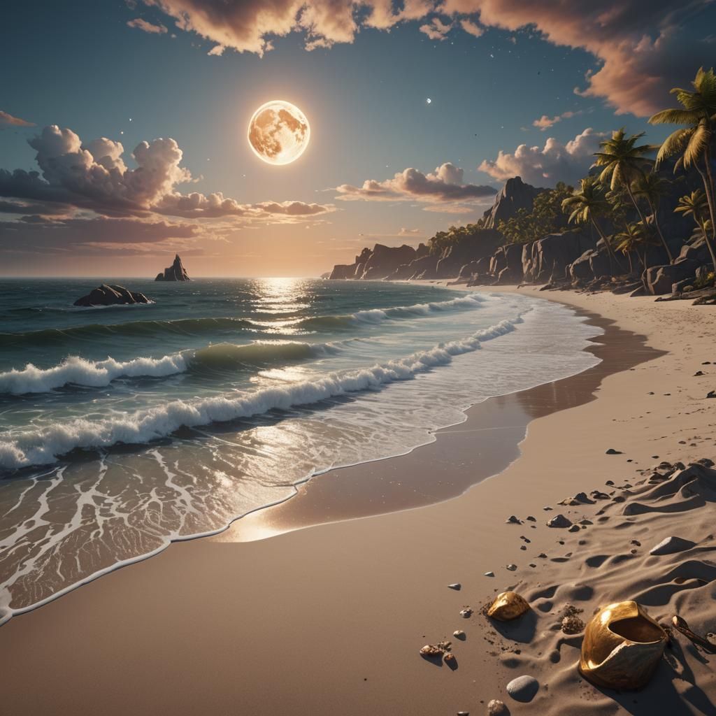 Realistic Beach with Moon and Sun in Detailed Matte Painting