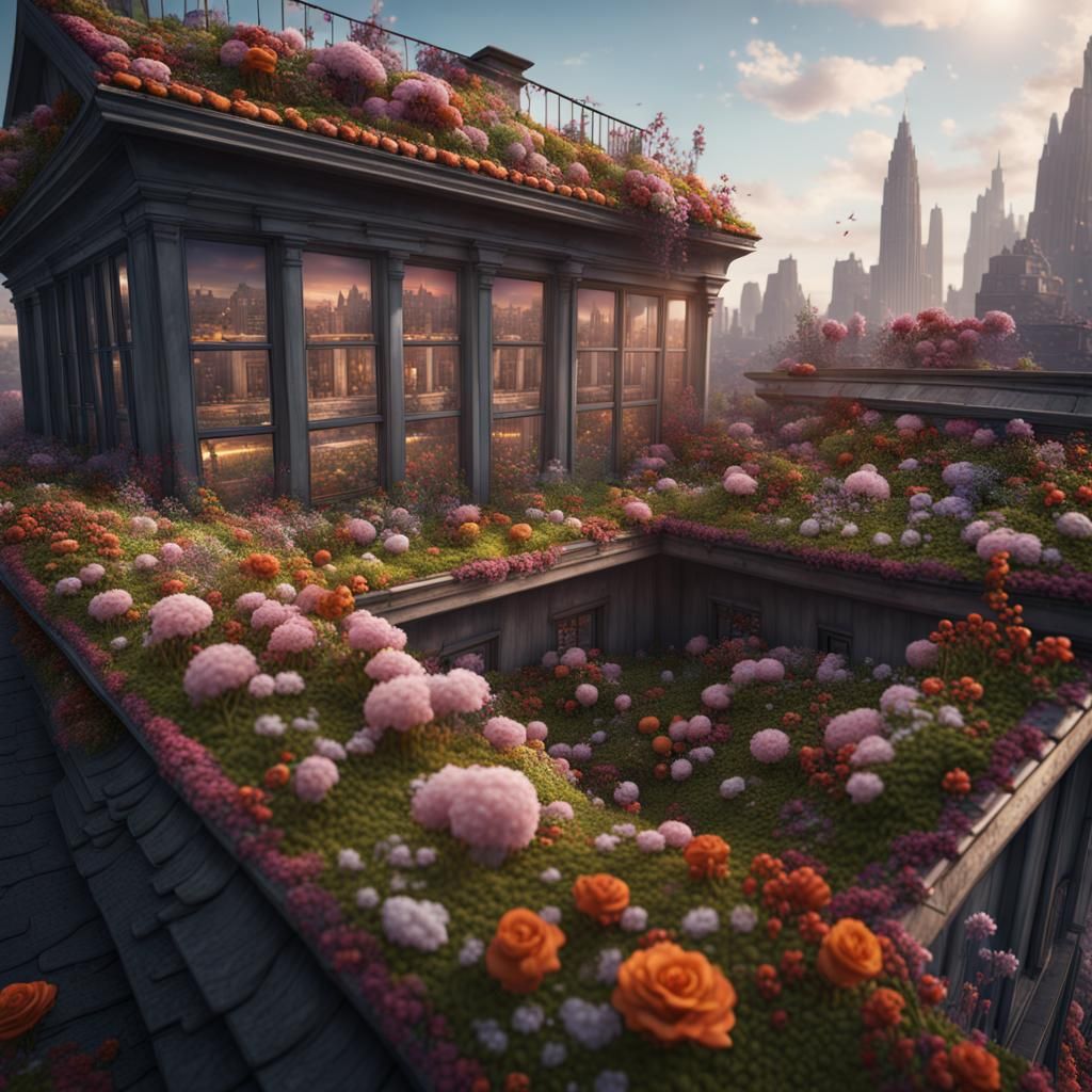 Rooftop Flower Garden in a City, Matte Painting