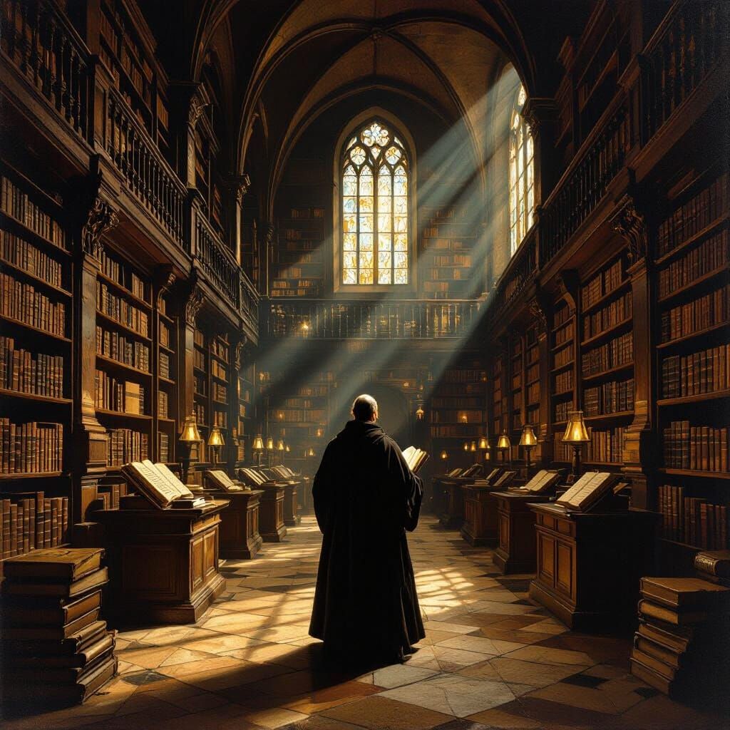 Monk in Vast Library, Oil Painting