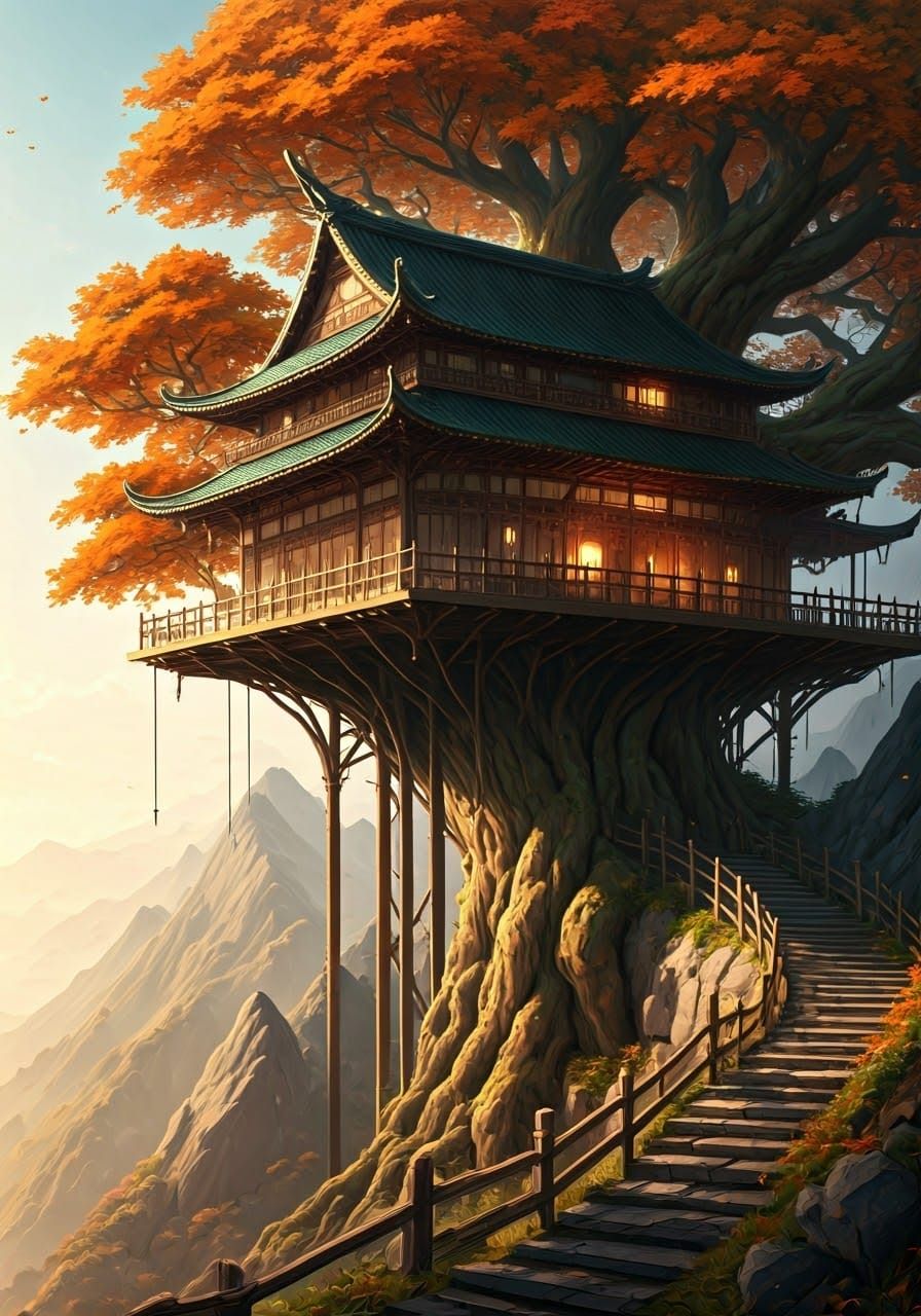 Whimsical Japanese-Style Treehouse in Autumnal Splendor