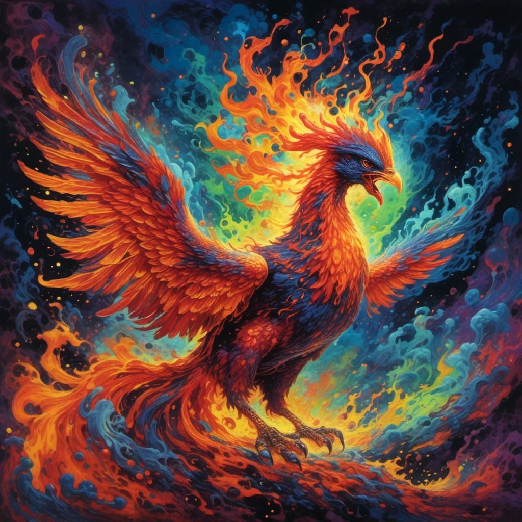Fiery Phoenix Rising from Ashes in Glory