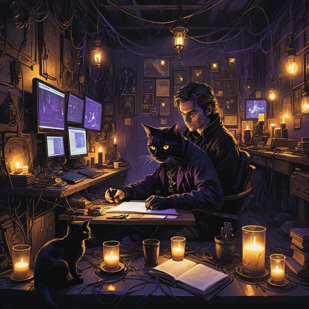 Dark Fantasy Programmer with Cat, Digital Art