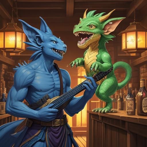 Kobold Bard in Dim Tavern: Vibrant Anime Style