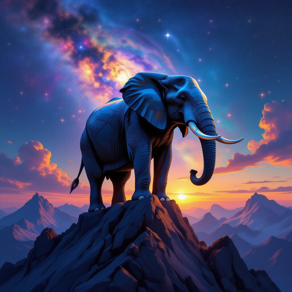 Ancient Elephant on Mountain Peak Under Nebula Sky