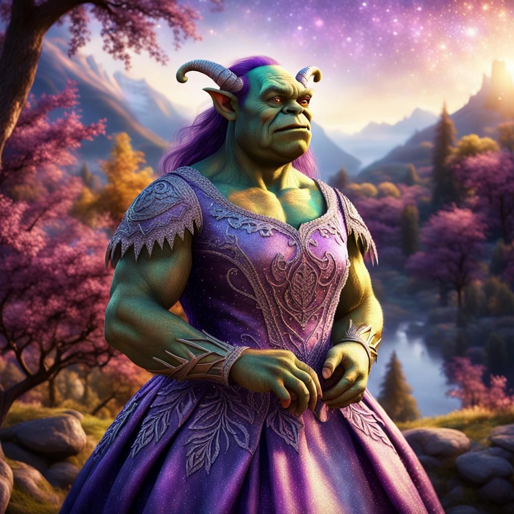 Ogre in Purple Dress in Fantasy Landscape
