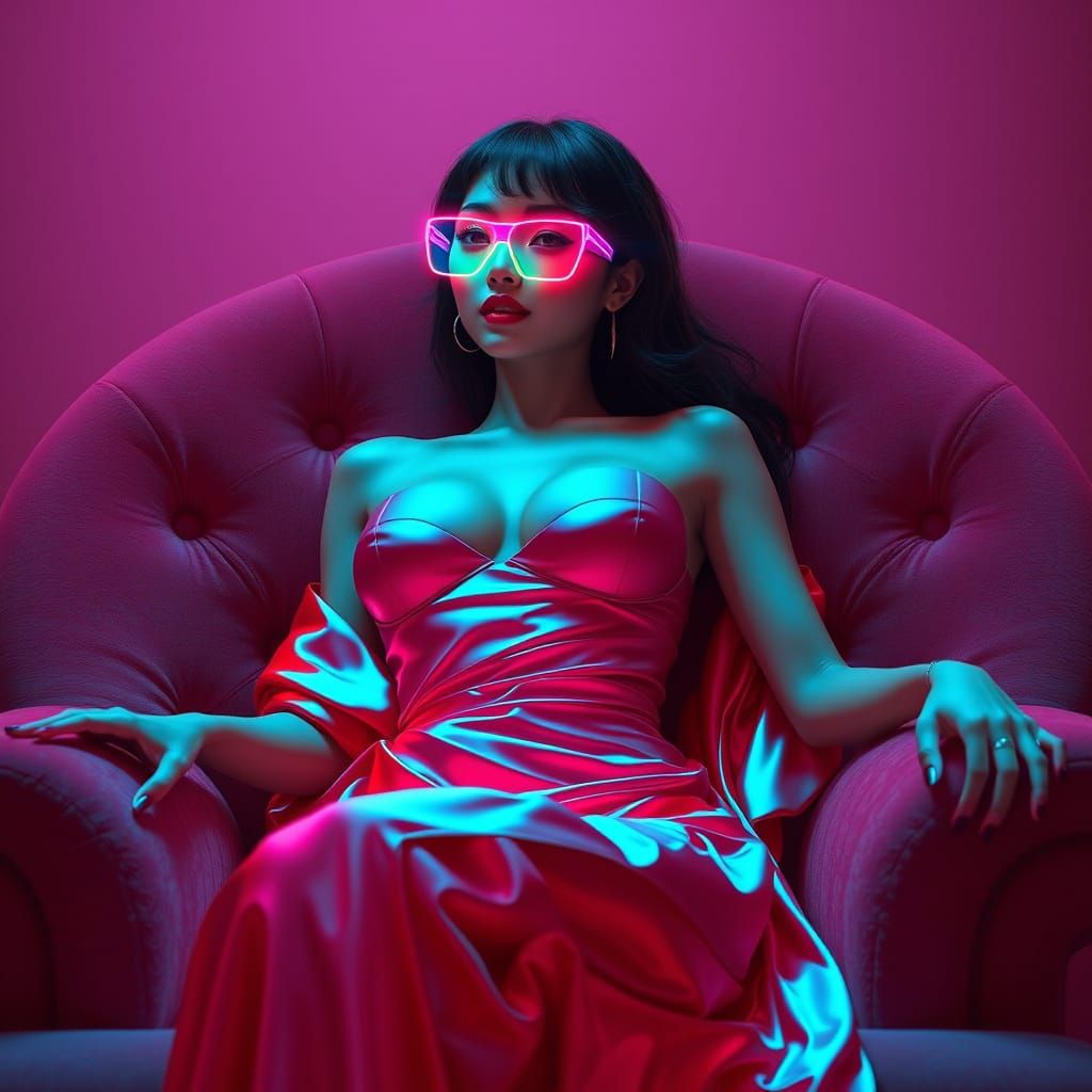 Sensual Asian Woman in Neon Embroidered Glasses, Velvet Chai...