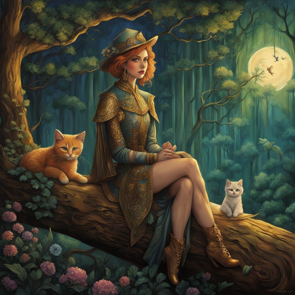 Fairyland Woman and Cat Digital Painting