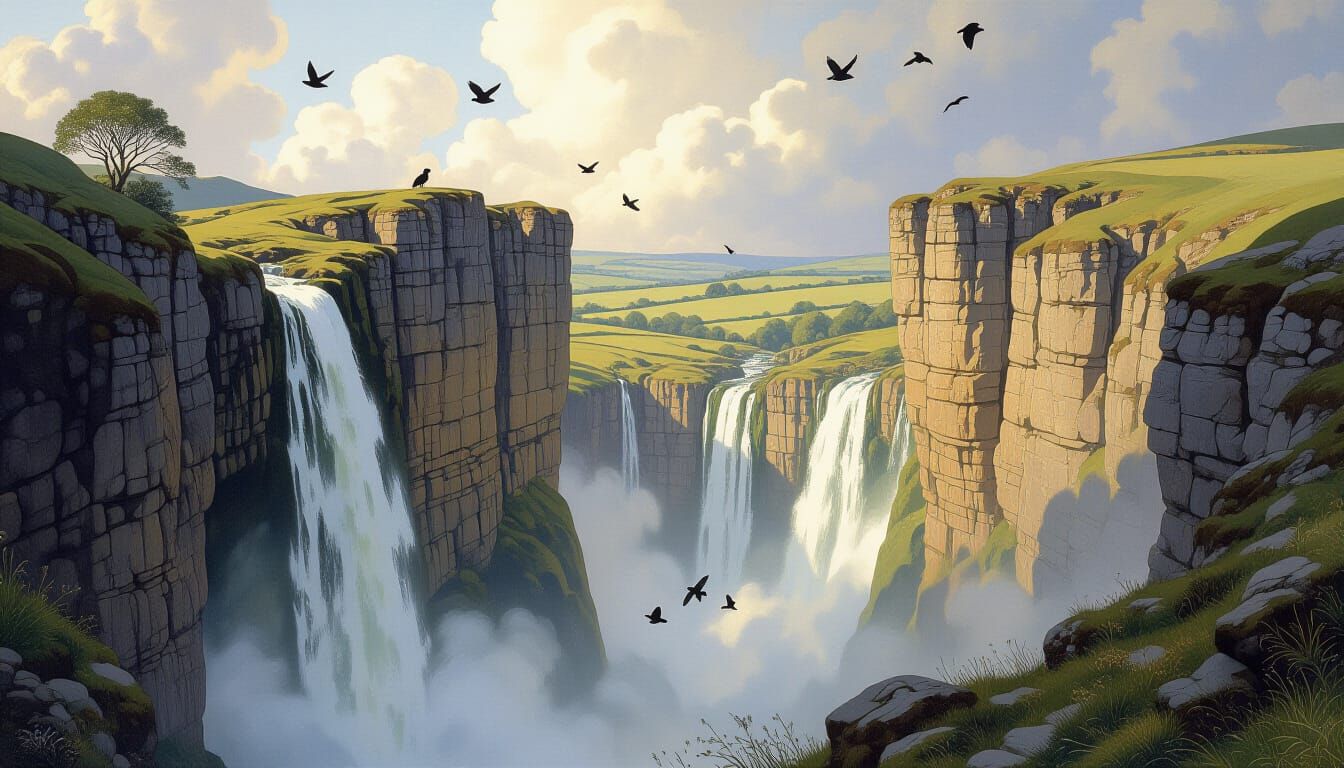 English Landscape with Cliffs and Waterfall