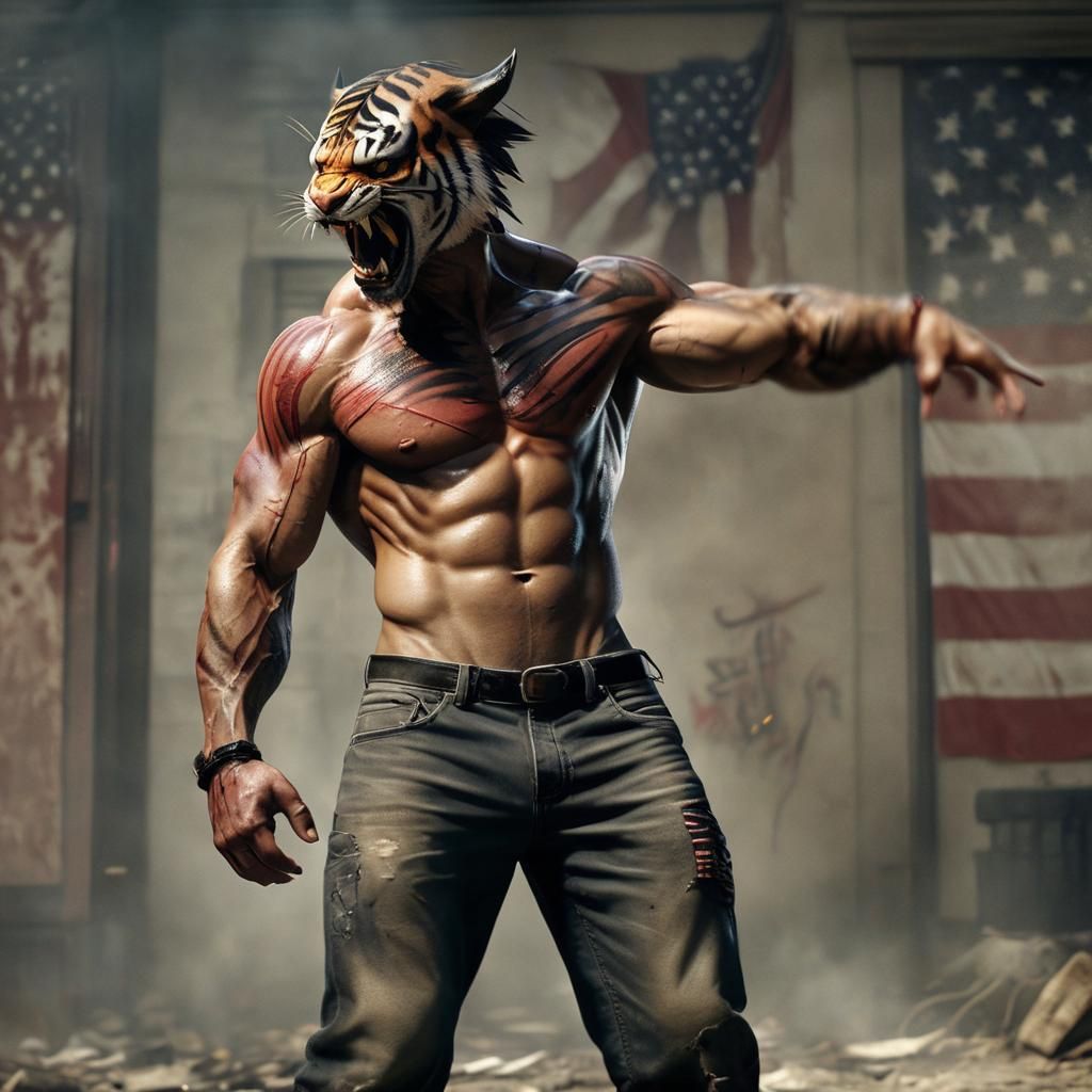 Tiger-Headed Human Hybrid with USA Tattoo, Cinematic Film St...