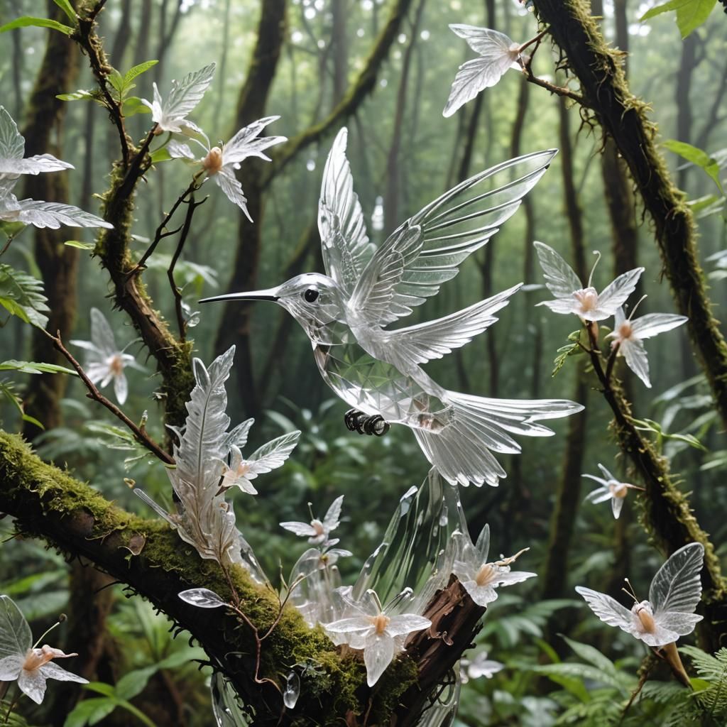 Quartz Crystal Hummingbird in Ethereal Forest