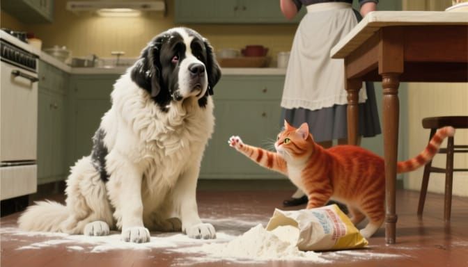 Flour-Covered Dog Confronts Cat in Kitchen