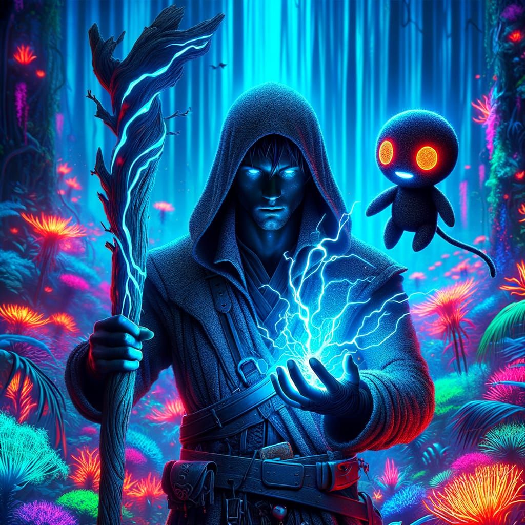 Sorcerer Casting Lightning in Bioluminescent Rainforest