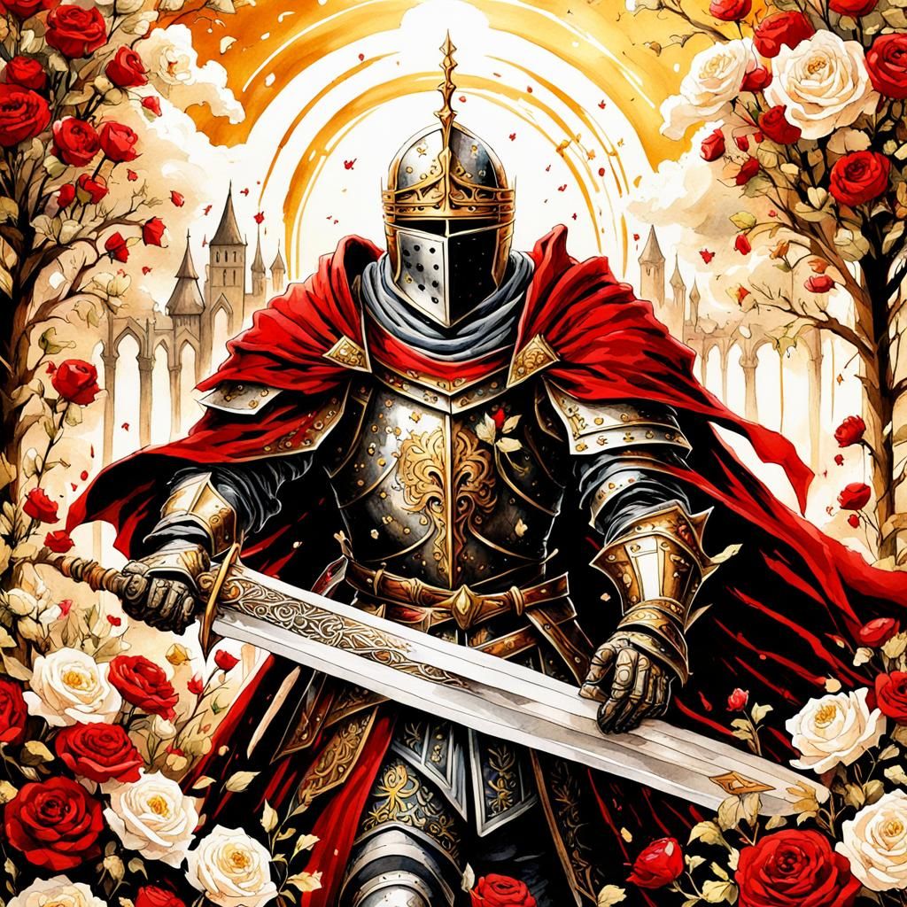 Gothic Knight in Rose Meadow, Watercolor Dark Fantasy