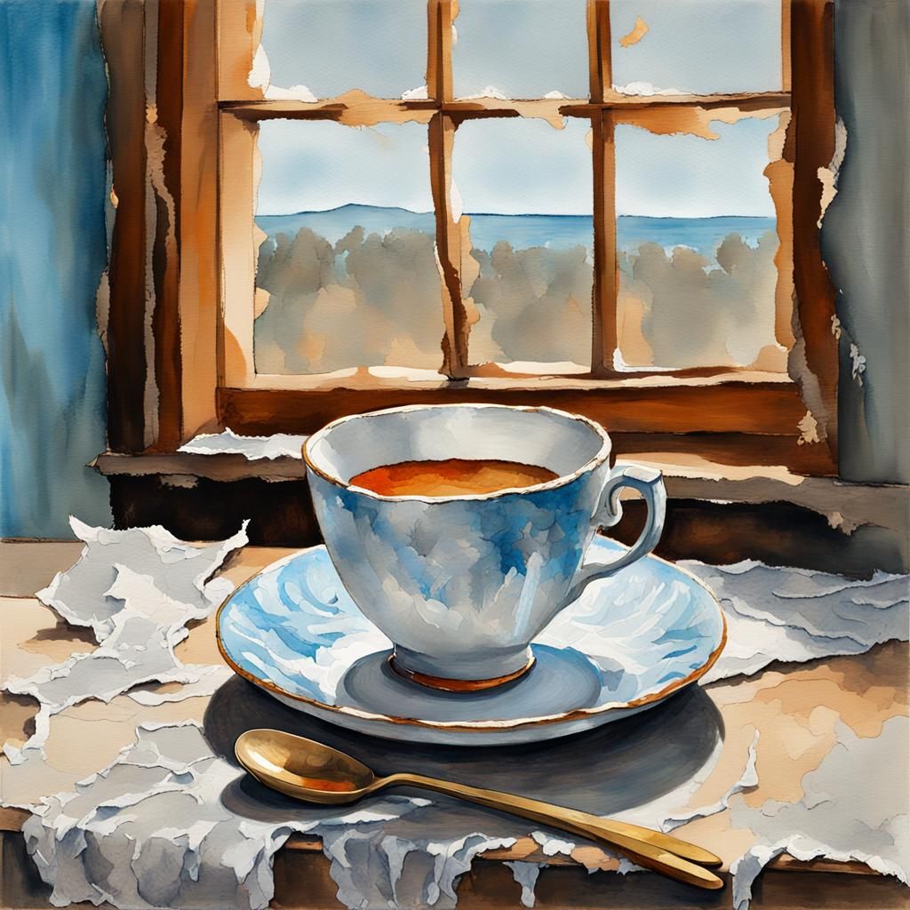 Broken Teacup Still Life in Gouache and Watercolor