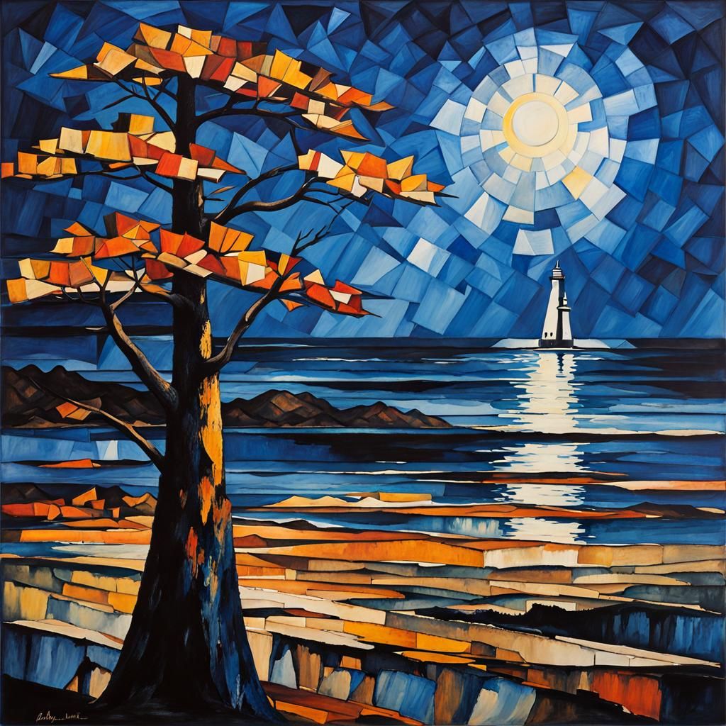 Moonlit Sea: Linocut Print with Ink Brush Art