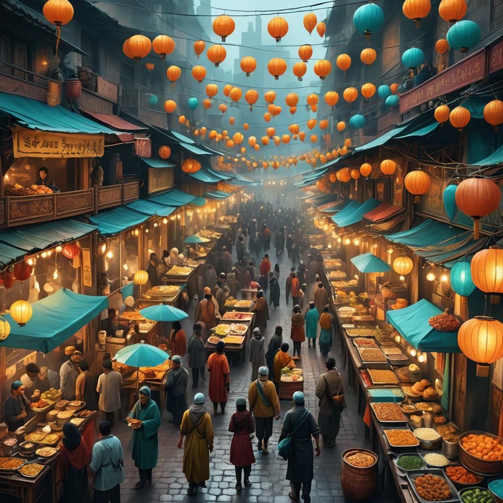 Vibrant International Street Food Market in Fantasy Art
