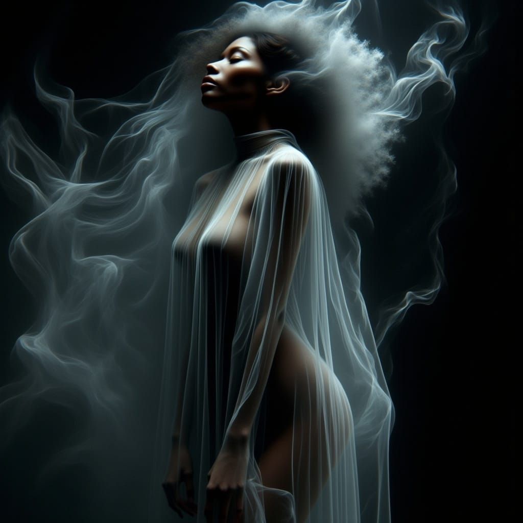 Ethereal Woman Materializing from Smoke, Dreamlike Art