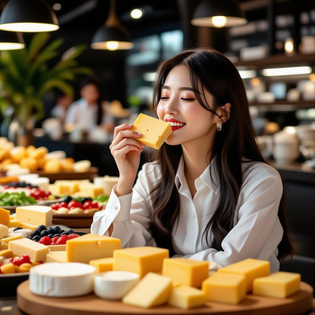 Woman Blissfully Enjoys Cheese at Vibrant Party Buffet