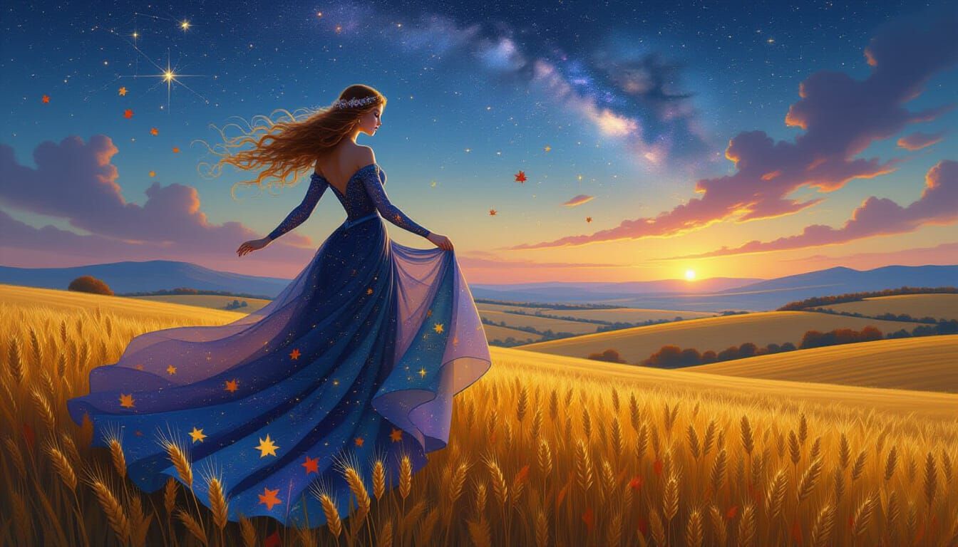 Cosmic Goddess Blesses Autumn Harvest in Pre-Raphaelite Styl...