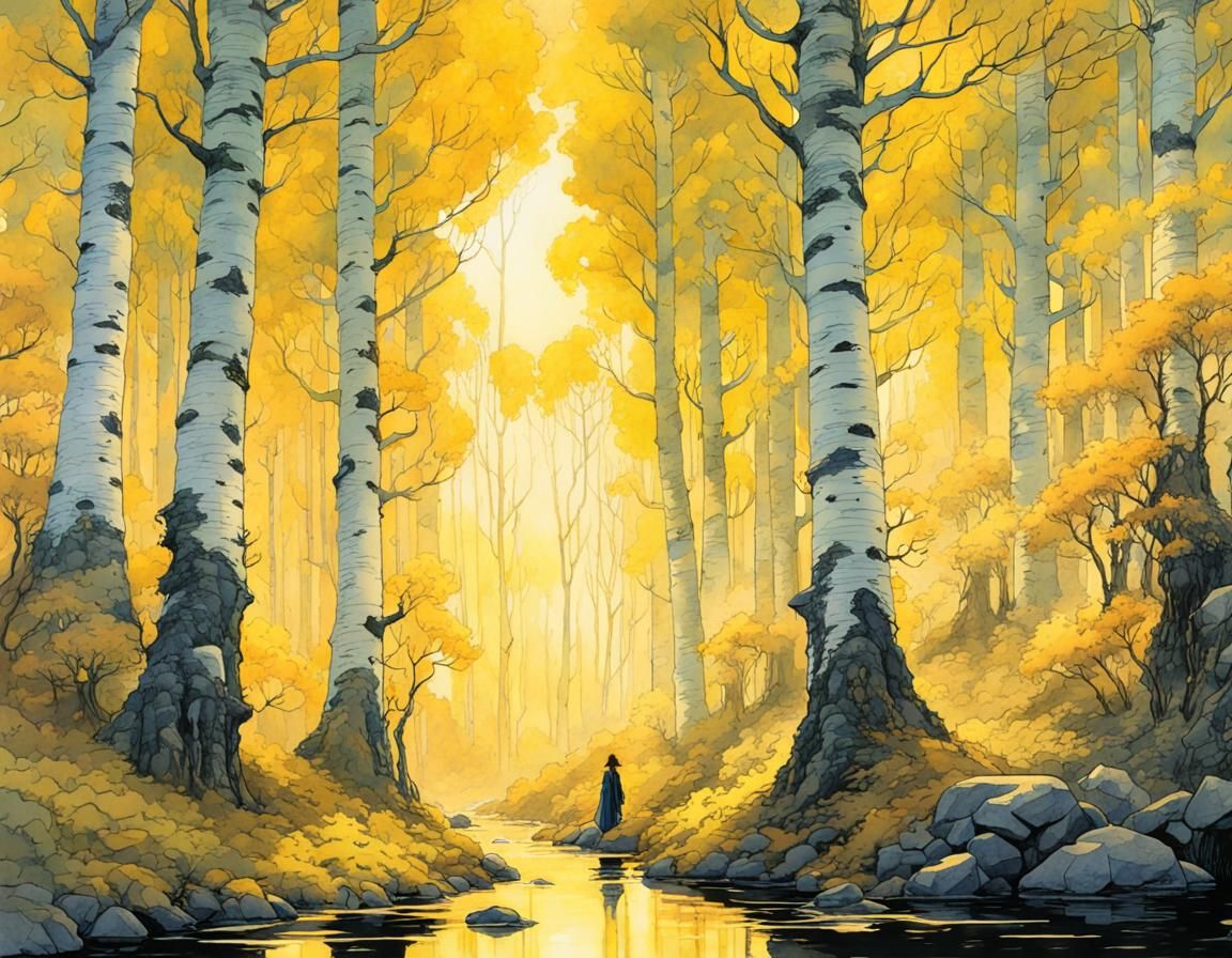 Mystical Yellow Birch Forest in Watercolor Style