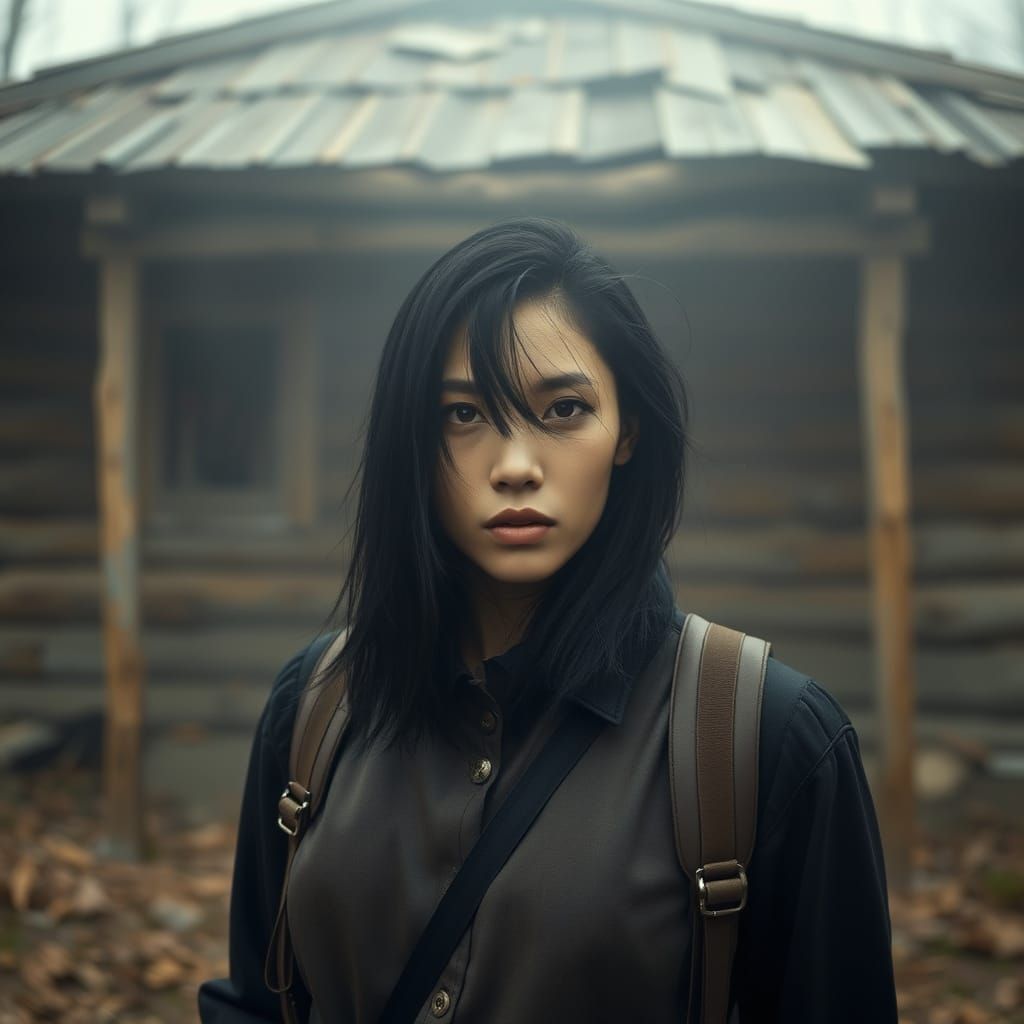 Moody Woman Stands Resolute in Abandoned Cabin
