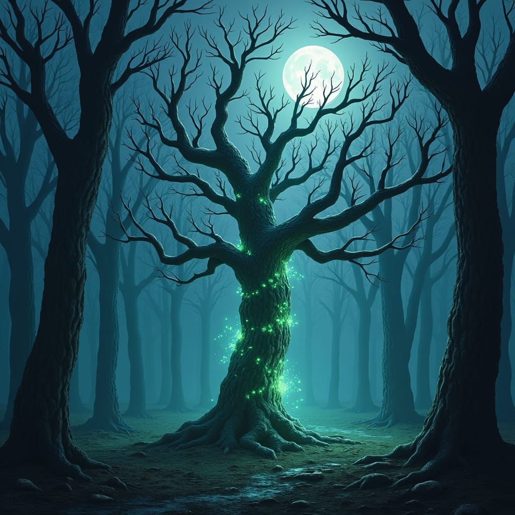 Ethereal Glowing Tree in Haunted Forest