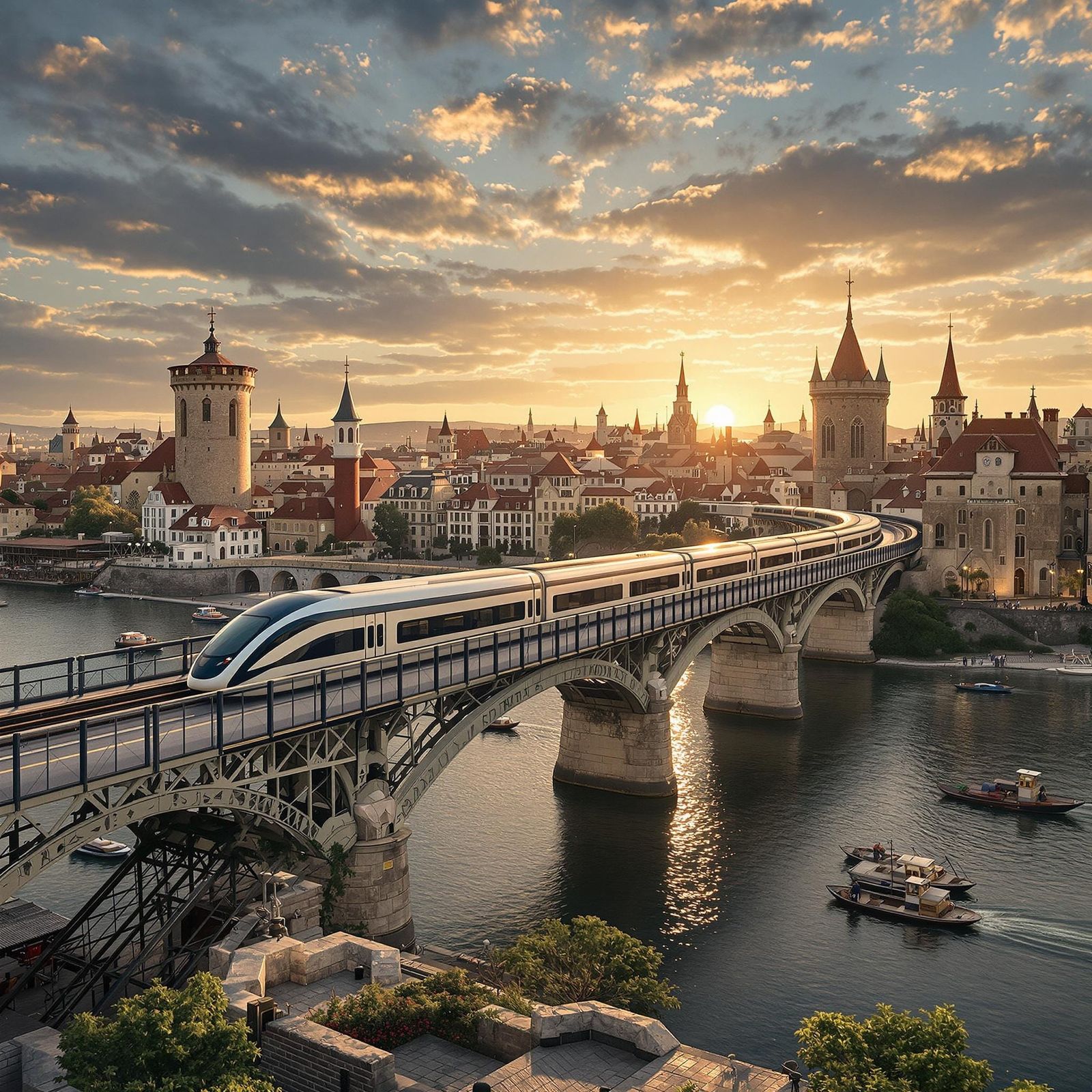 High-Speed Train in Medieval City, Photorealistic 8K