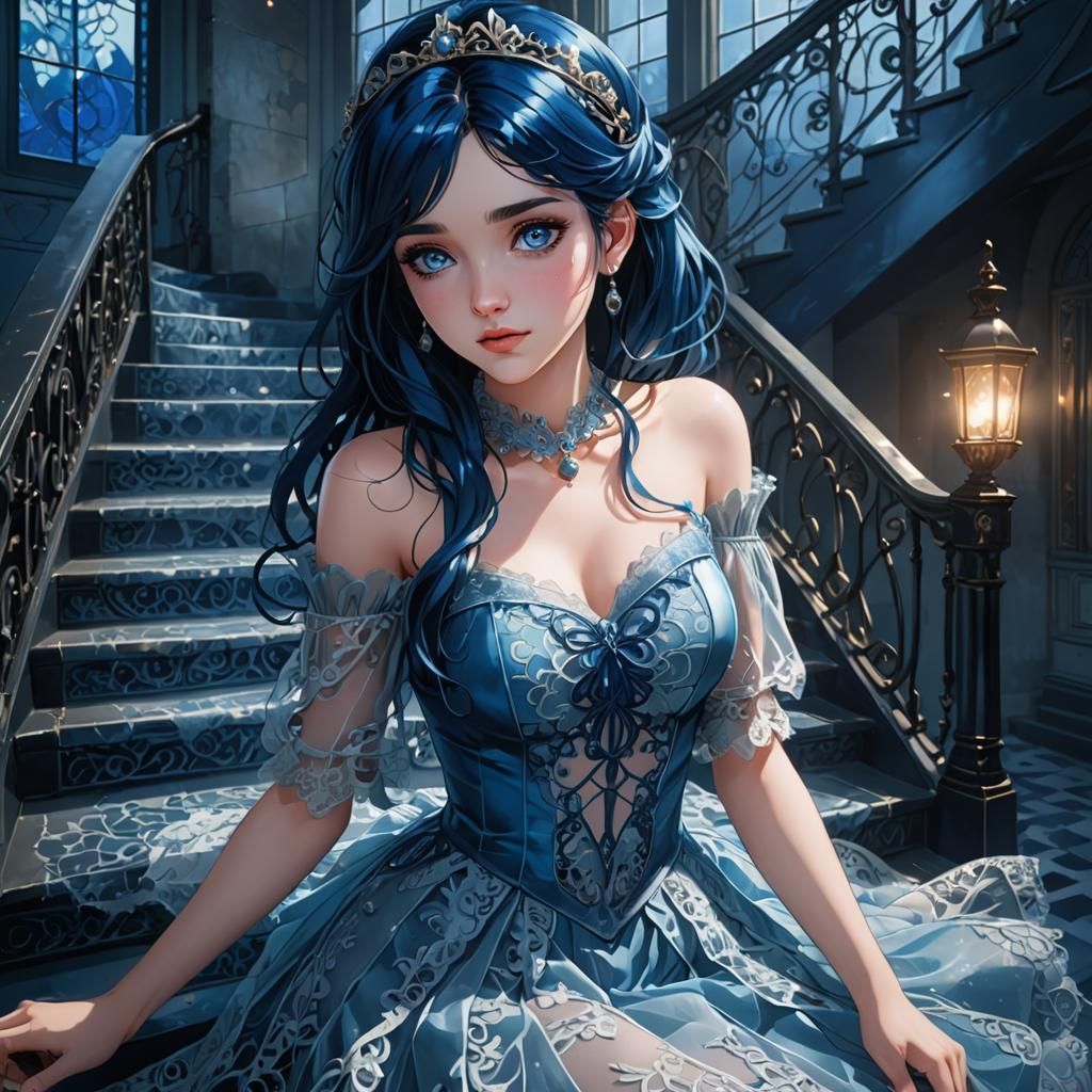 Anime Girl on Blue Staircase in Cel-Shaded Style