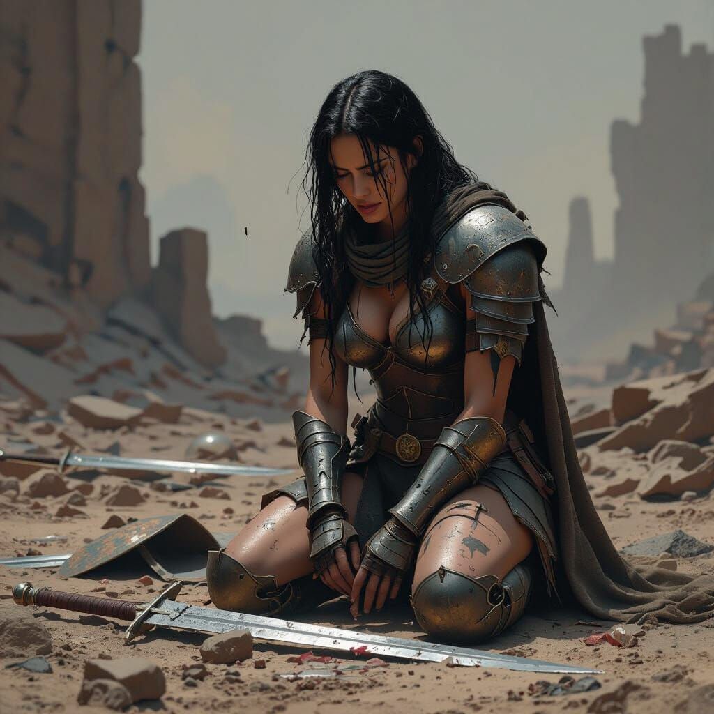 Emotional Warrior in War-Torn Landscape