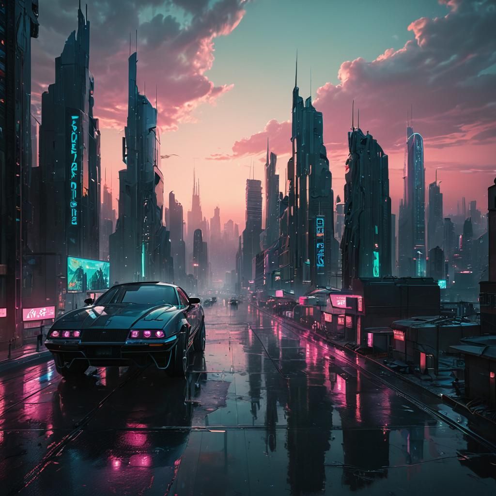 Gritty Cyberpunk Metropolis at Dusk in Neon Noir Style