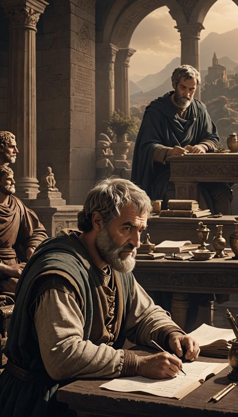 Aristotle sitting at a table writing a thoughtful piece