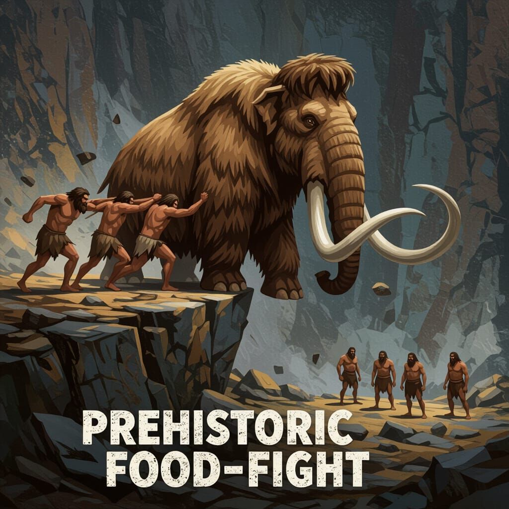 Cavemen Battle Woolly Mammoth Over Cliff Edge