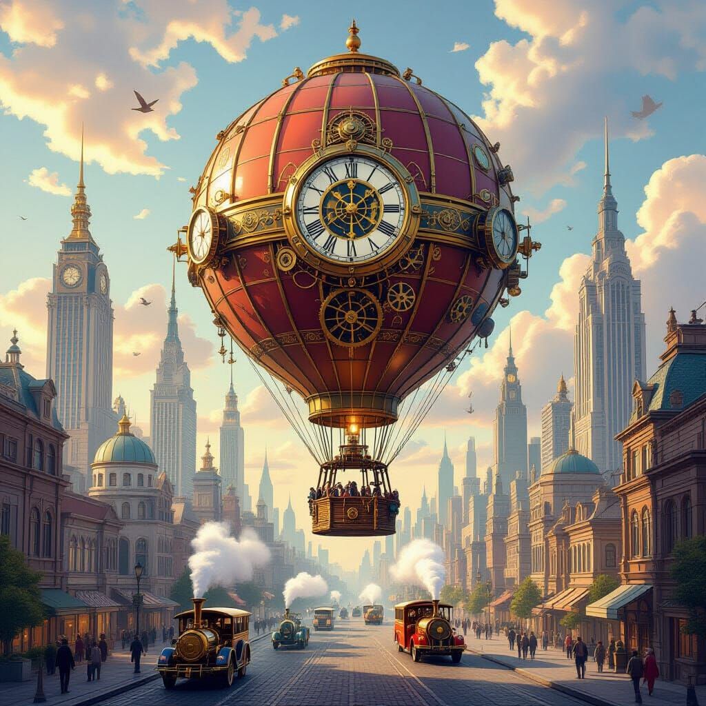 Clockwork Hot Air Balloon Over Retro-Futuristic City