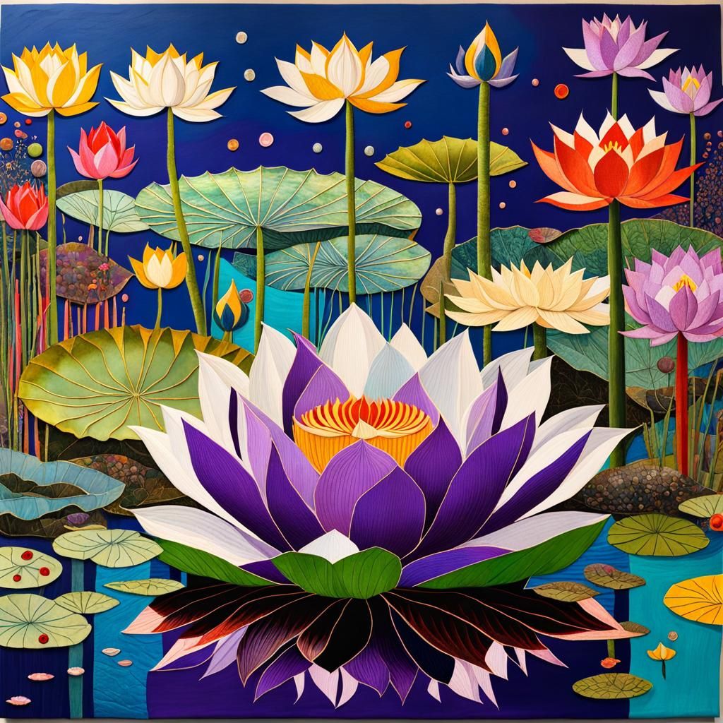 Surreal Lotus Pond Collage in Mixed-Media Style
