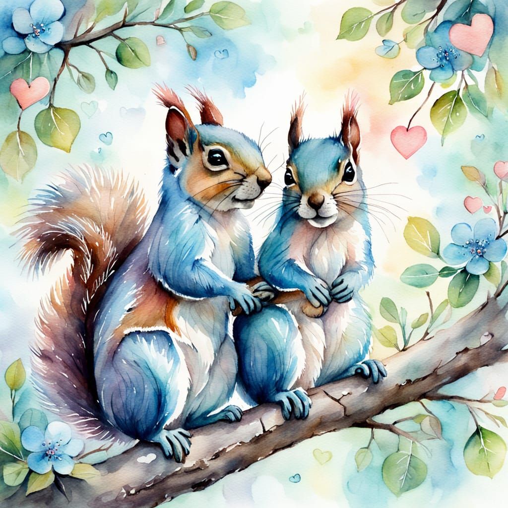 Whimsical Watercolor Squirrels in Love