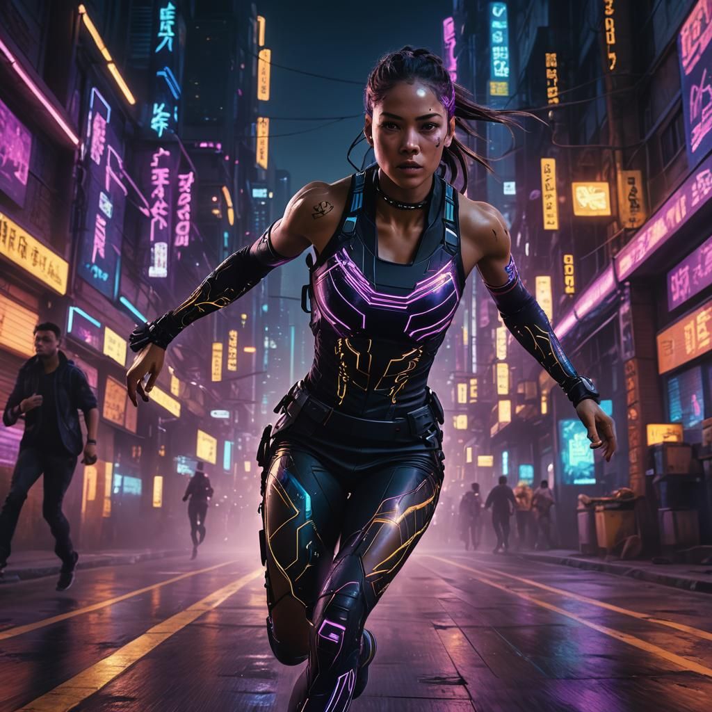 Cyberpunk Sprinter Races Through Neon Cityscape